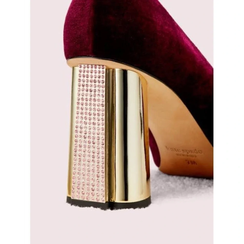 Kate Spade Sybil Pump Cherrywood Burgundy Velvet Gold Rhinestone Block Heel 9.5M